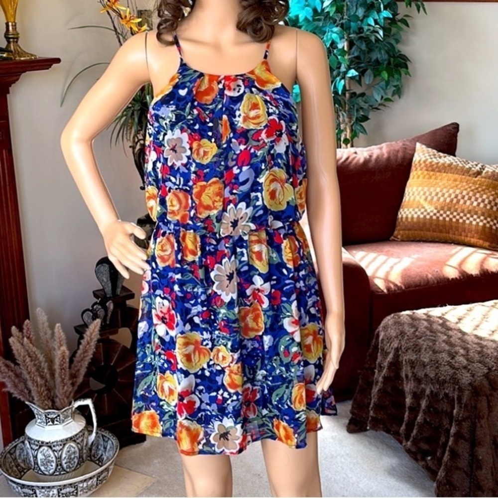 Runway Story Blue Floral Lined Dress Strappy Tank Cinched Waist Mini Flowy